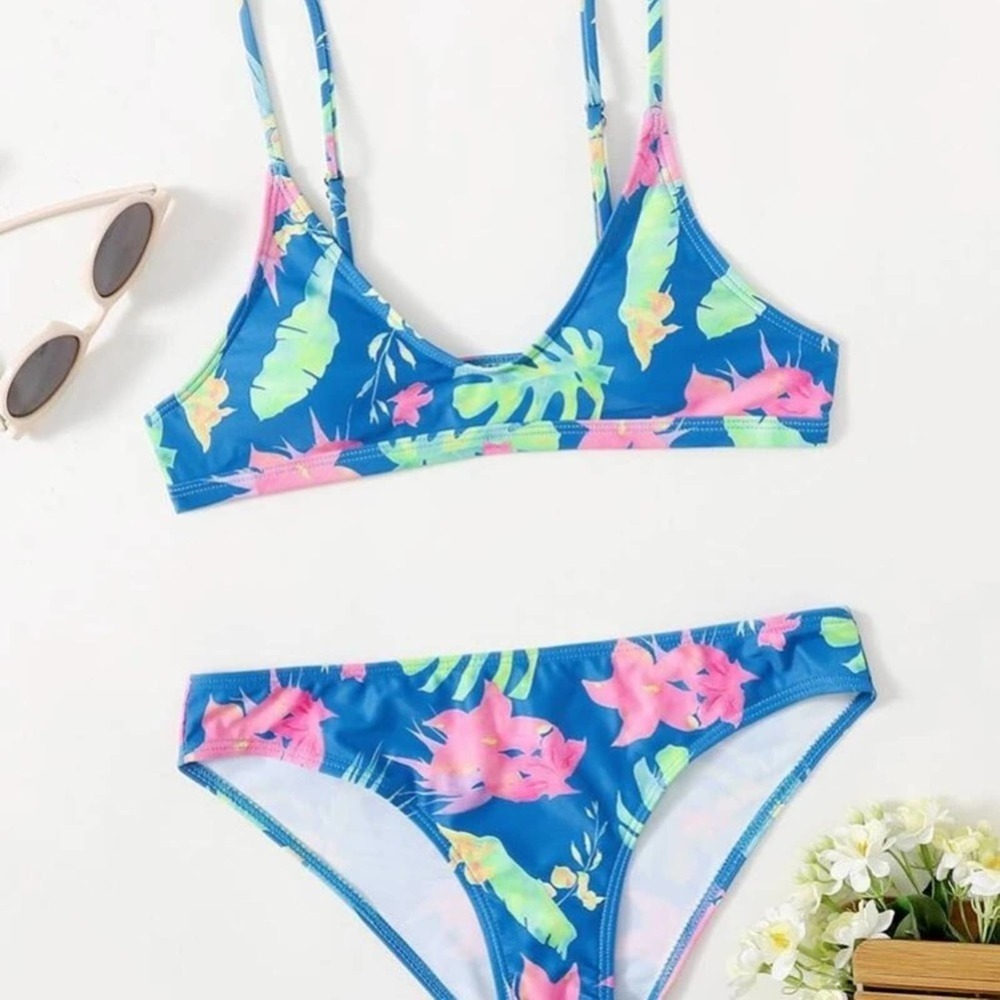 Blue tropical floral spaghetti strap wireless bra cheeky bikini swimsuit Sz L